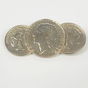 Vtg Gold Tone Faux 3-Coin Bar Pin~Republique Francais Marianne~Alexander Great